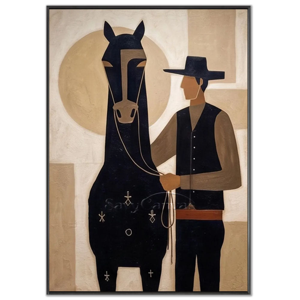 A 100% handmade modernist abstract oil painting featuring a stylized Western cowboy standing next to his horse, adorned with geometric symbols on a warm cream and deep brown background.