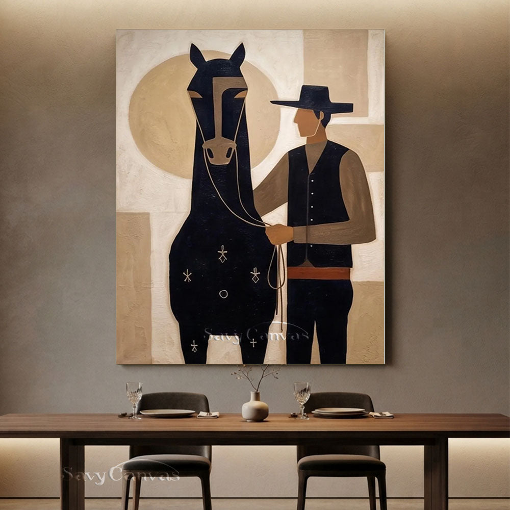 Western Abstract Cowboy & Horse Modernist Oil Painting #SS 255