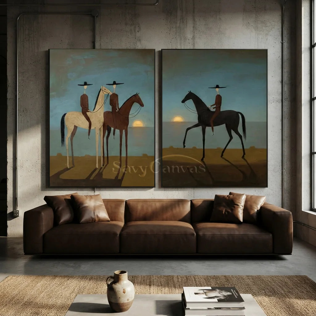 Handcrafted expressionist oil painting set in black frames featuring two panels with stylized horses and riders against a twilight sunset landscape with earth tones, ideal for modern living room wall decor.