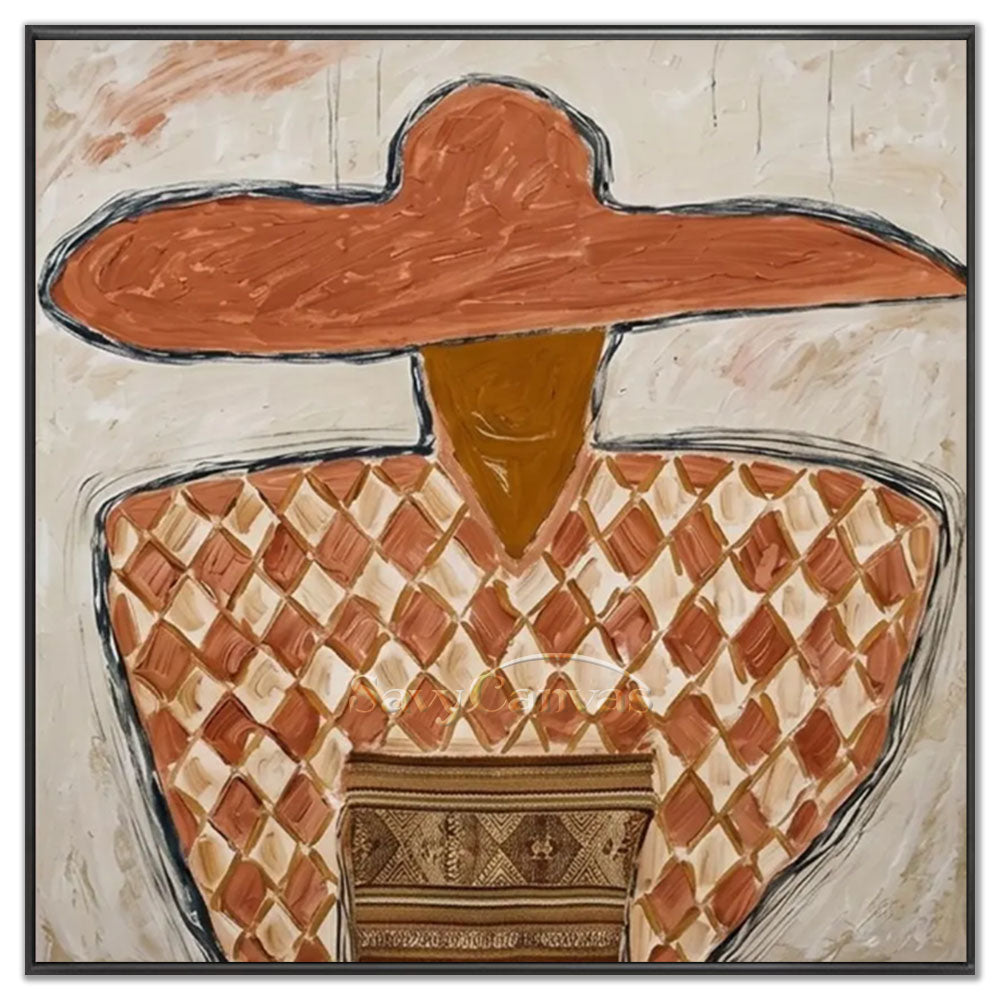 High-quality handmade abstract modern oil painting depicting a stylized cowboy figure with a large terracotta hat and a diamond-patterned poncho against a textured beige background.