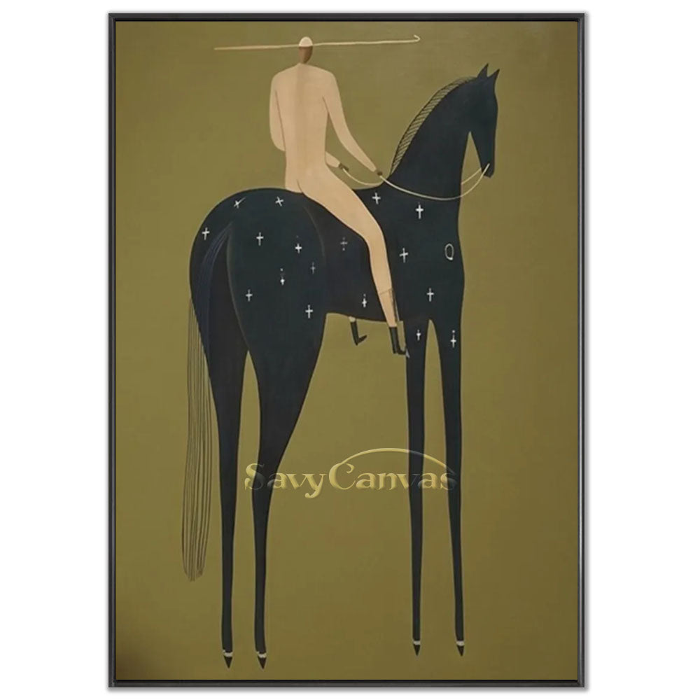 A 100% handmade modernist oil painting on canvas featuring a minimalist, stylized rider sitting atop a tall black horse adorned with star symbols, set against a muted olive green background.