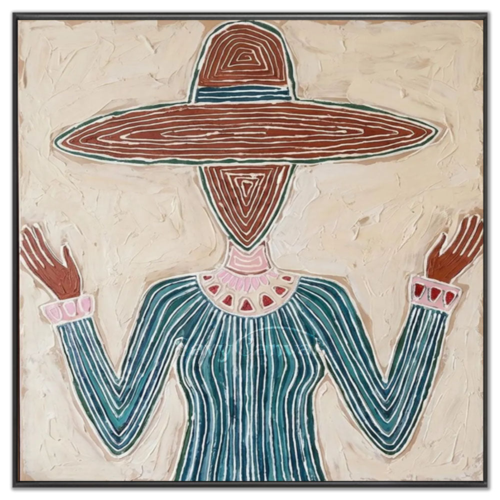 High-quality handmade abstract modern oil painting depicting a stylized figure with a large terracotta cowboy hat and teal green striped clothing against a heavily textured cream background.