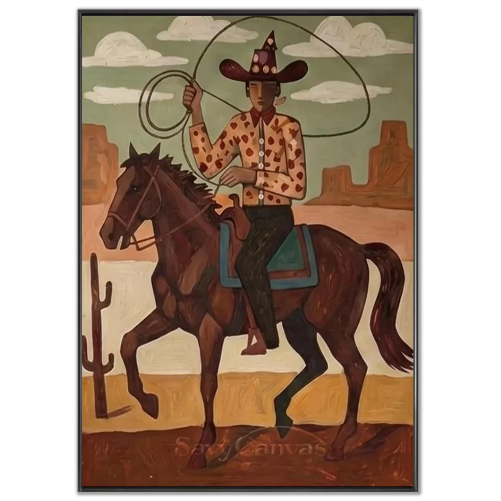 Handmade Folk Western Cowboy Oil Painting #SS 344