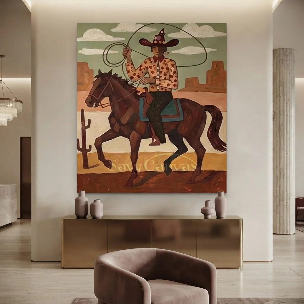 Handcrafted folk western oil painting depicting a cowboy riding a horse with a lasso in a desert landscape with earthy tones, ideal for home wall decor.