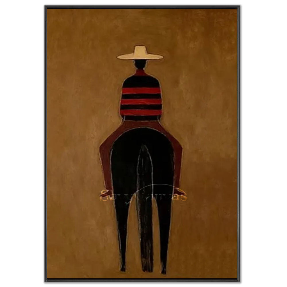 A 100% handmade modernist abstract oil painting featuring a stylized Western cowboy riding a black horse, rendered in deep earthy tones and minimalist lines on canvas.