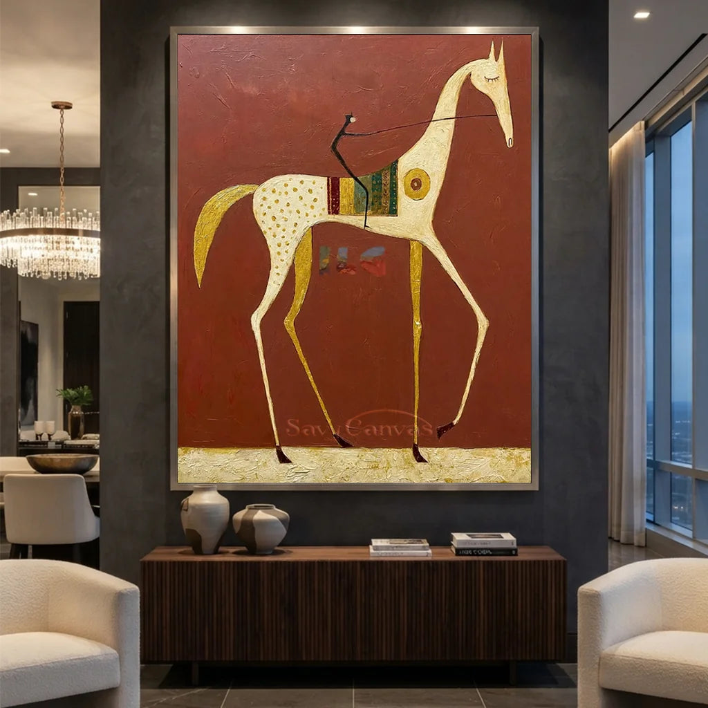 Handcrafted expressionist western oil painting depicting a stylized cream-white horse with a rider against a burgundy background, ideal for home wall decor.