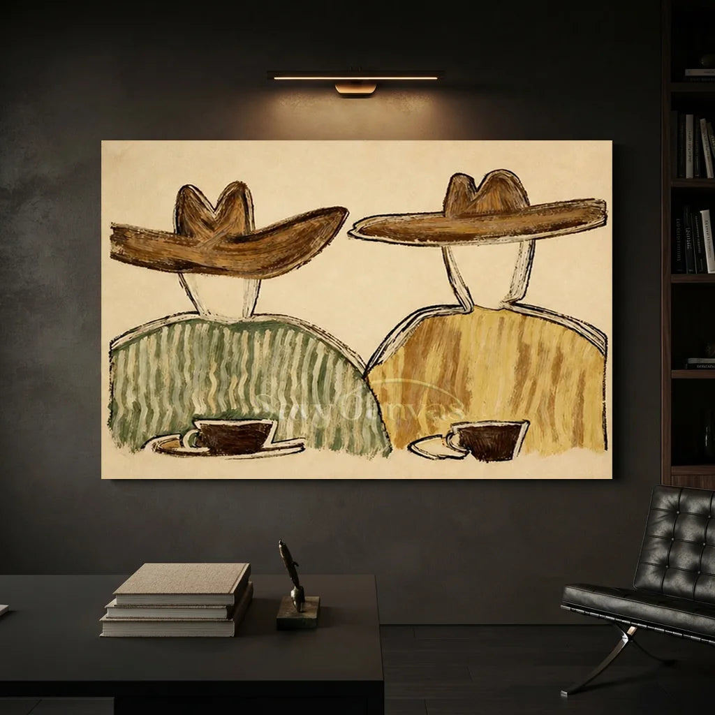 Handcrafted expressionist heavy textured oil painting in a black frame featuring a stylized western couple in cowboy hats enjoying coffee in neutral earth tones, ideal for modern living room or office wall decor.