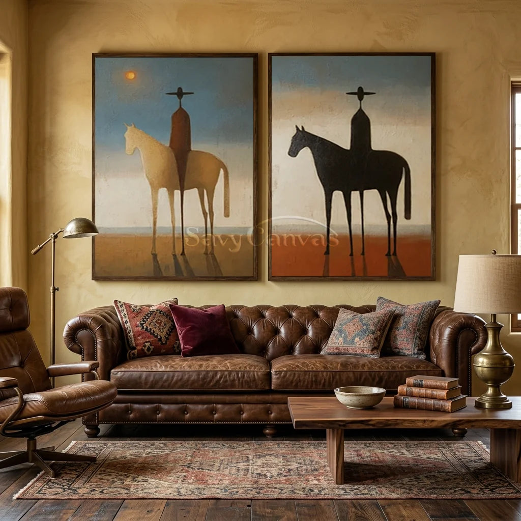Handcrafted expressionist oil painting set in black frames featuring two panels with stylized horses and riders against a twilight sunset landscape, displayed above a modern fireplace with integrated lighting.