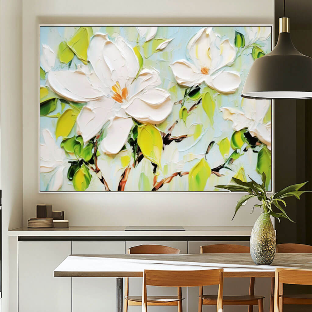 Large Floral Wall Art for Living Room | White Magnolia Canvas