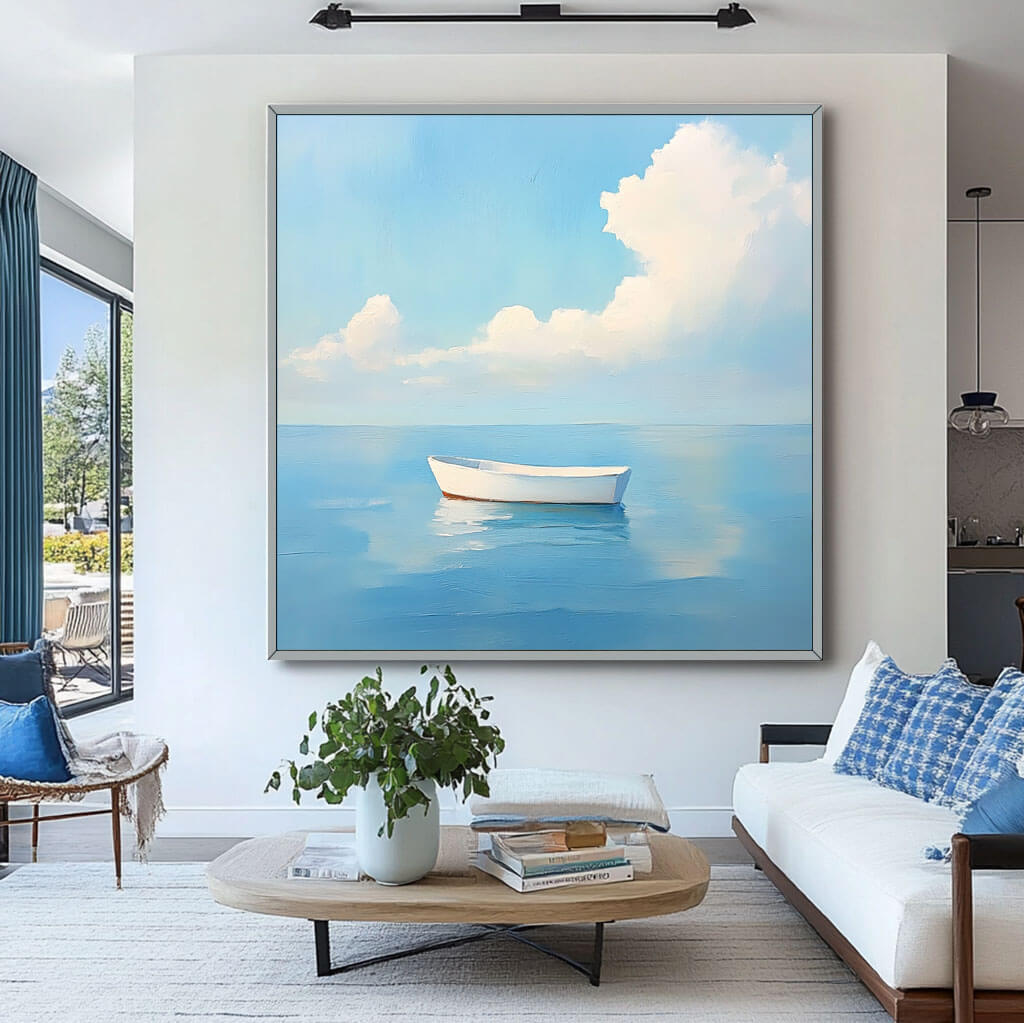 Serene Boat Painting | Calm Ocean Seascape Wall Art #AA 047