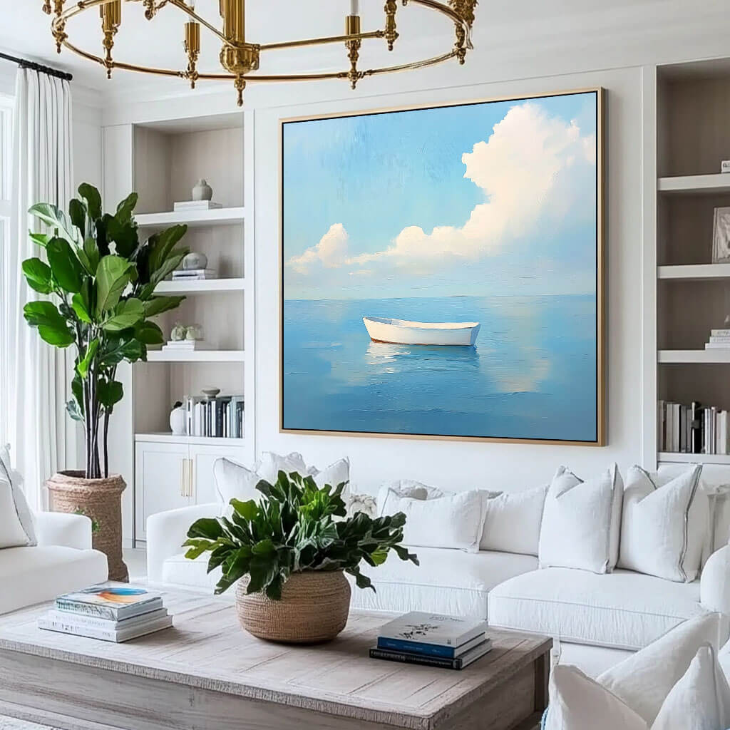 Serene Boat Painting | Calm Ocean Seascape Wall Art #AA 047