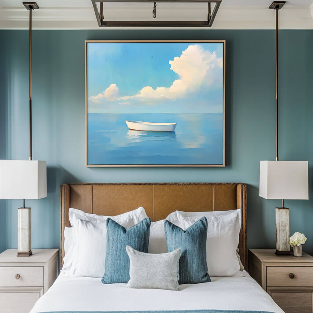 Serene Boat Painting | Calm Ocean Seascape Wall Art #AA 047