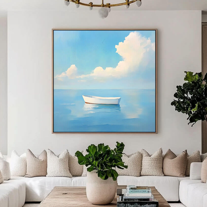 Serene Boat Painting | Calm Ocean Seascape Wall Art #AA 047