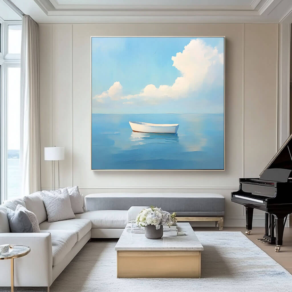 Serene Boat Painting | Calm Ocean Seascape Wall Art #AA 047