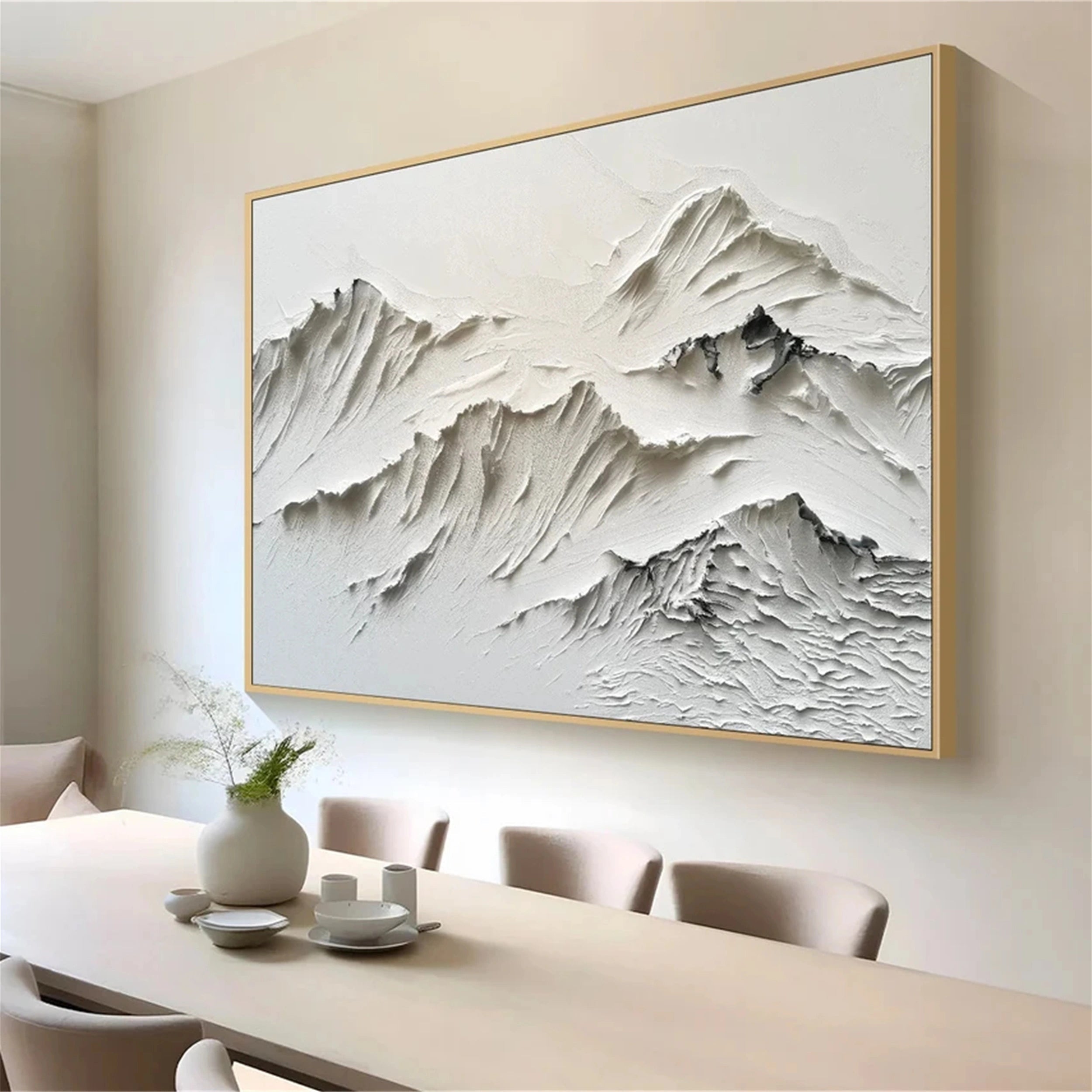 Modern Minimalist White Art – Layered Mountain Textured Canvas #JJ 413