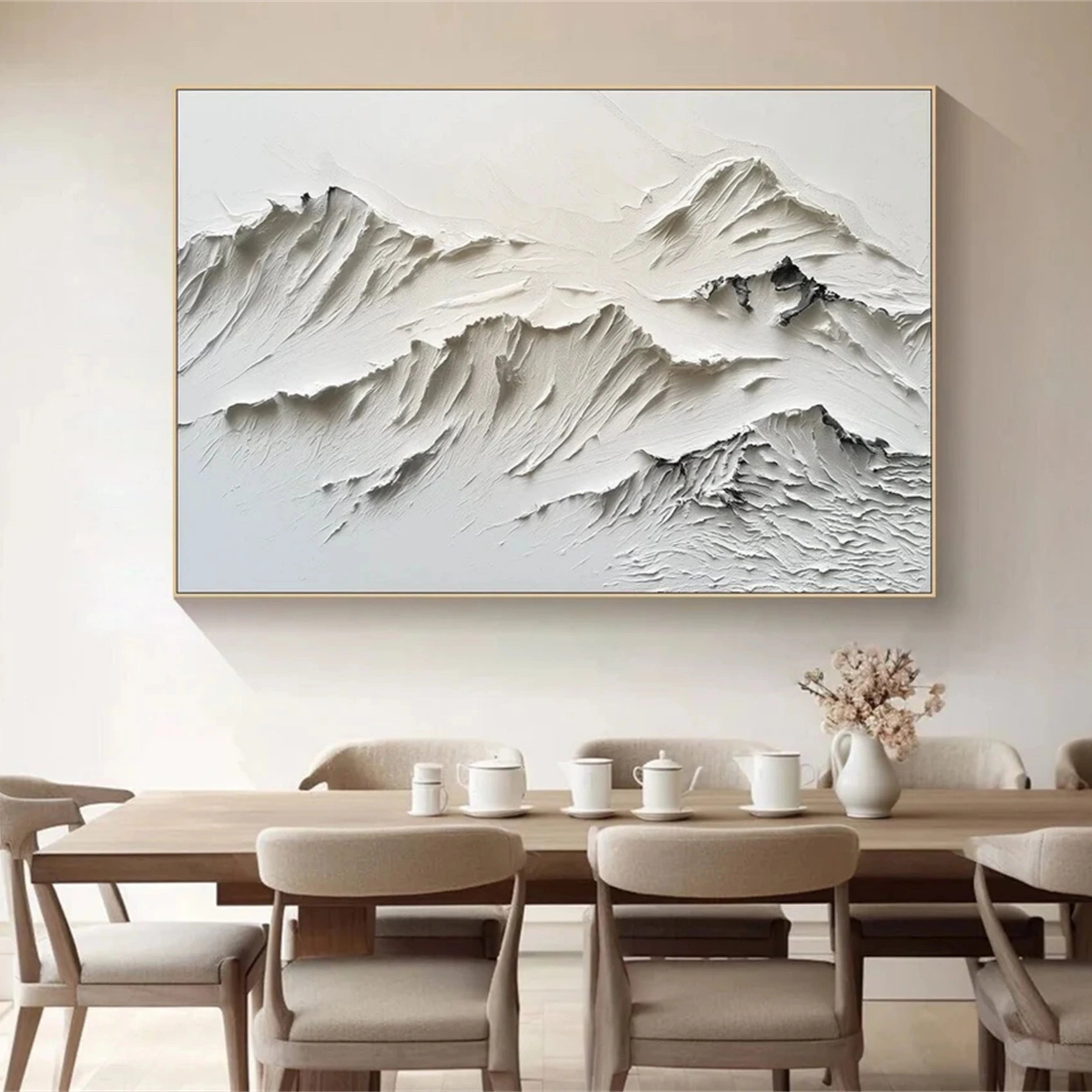 Modern Minimalist White Art – Layered Mountain Textured Canvas #JJ 413