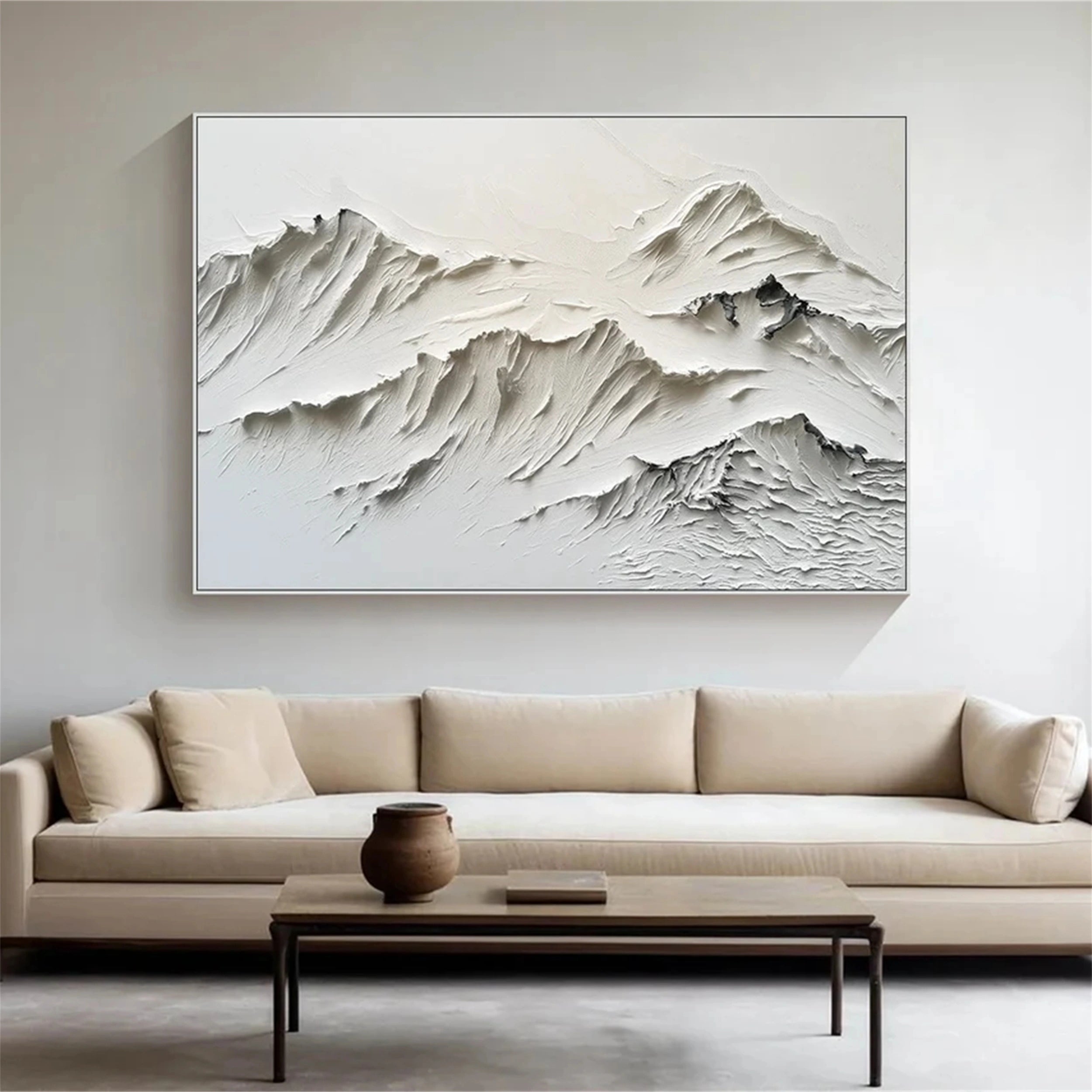 Modern Minimalist White Art – Layered Mountain Textured Canvas #JJ 413
