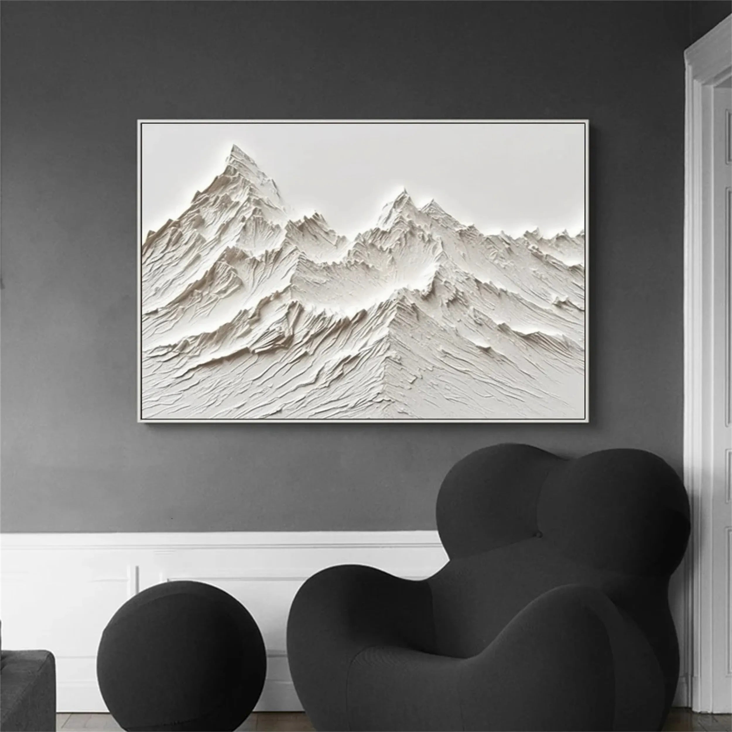 White Minimalist Wall Art – Textured Mountain Canvas Painting #JJ 407