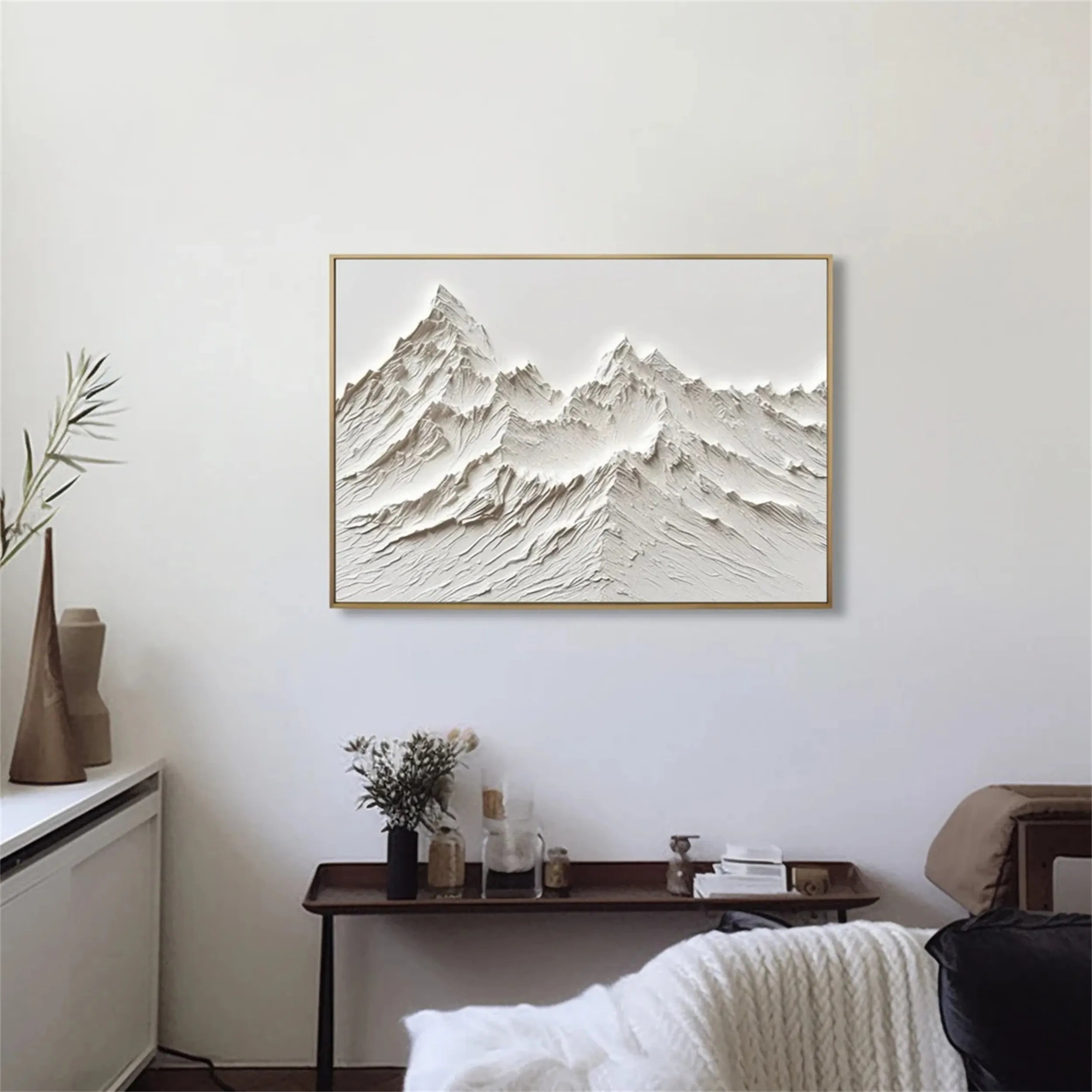 White Minimalist Wall Art – Textured Mountain Canvas Painting #JJ 407