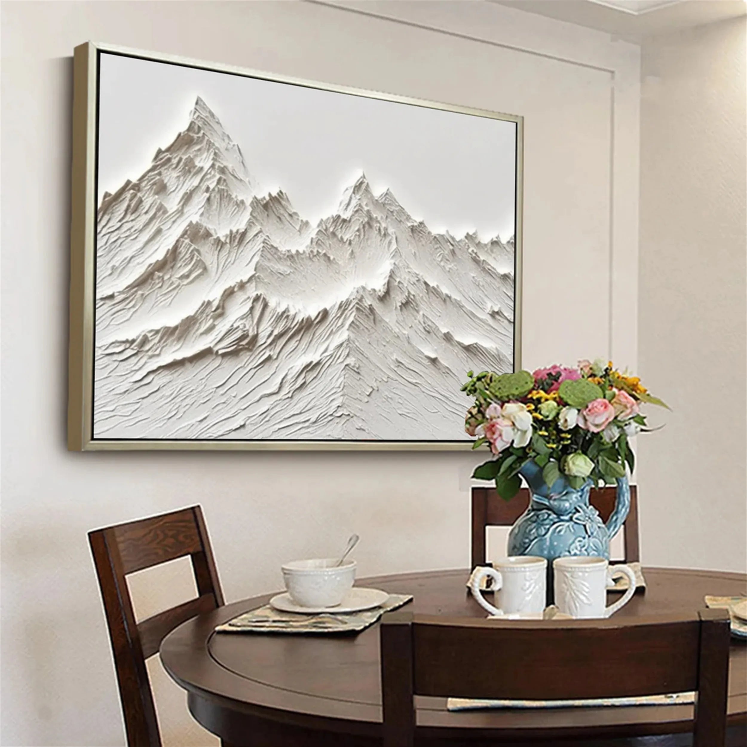 White Minimalist Wall Art – Textured Mountain Canvas Painting #JJ 407