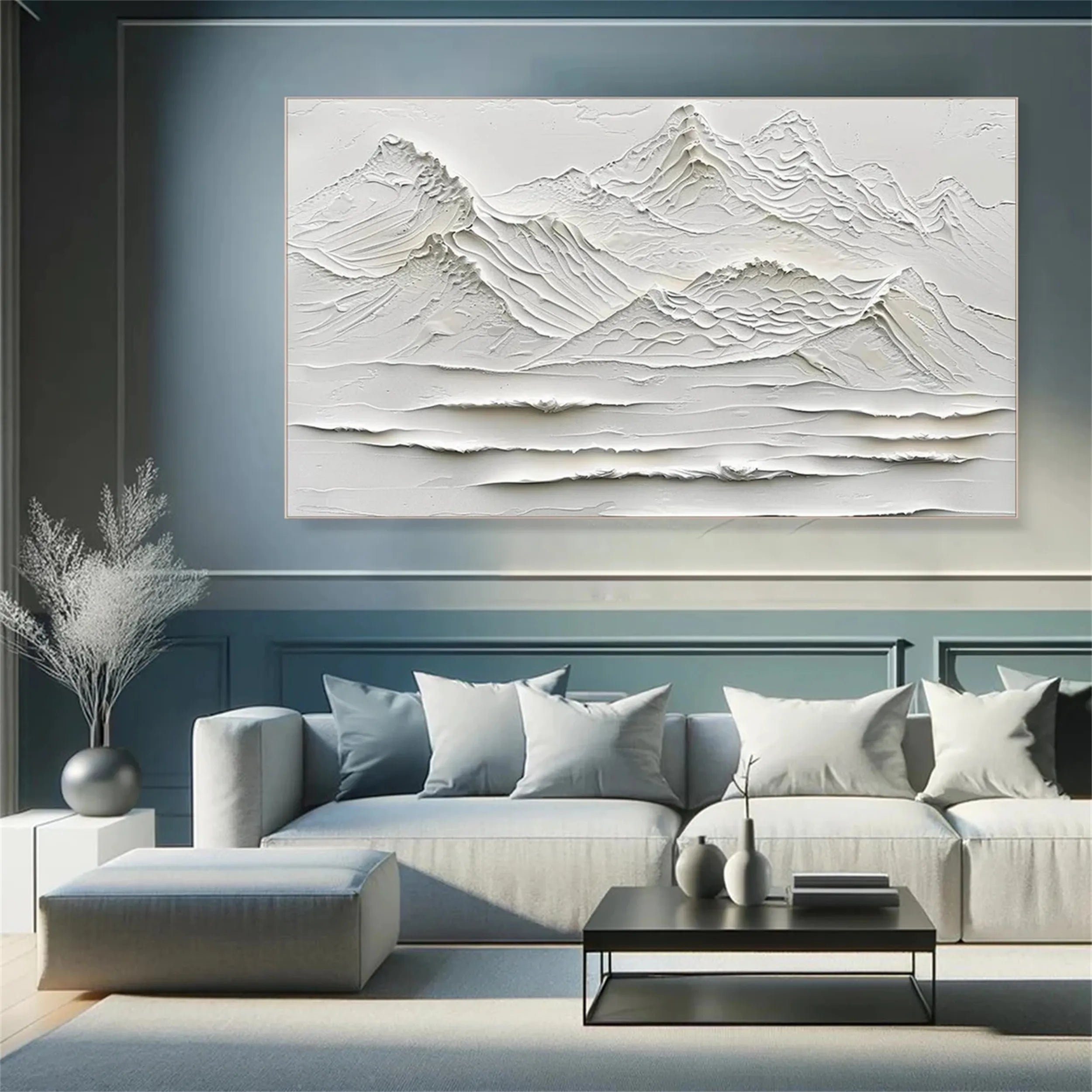 Minimalist White Mountain Hand-Painted Oil Art | Modern Abstract Landscape #JJ 408