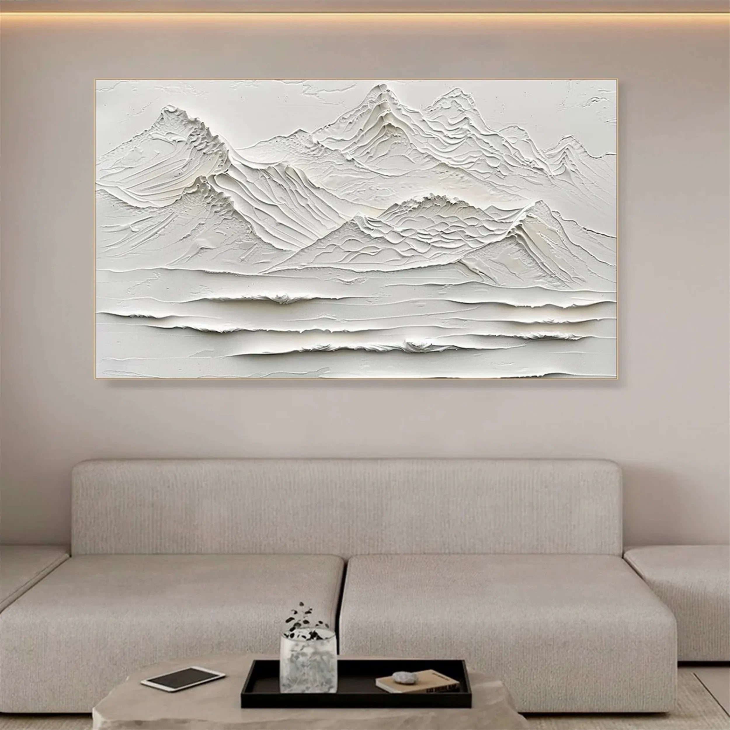 Handmade White Wall Art – Minimalist Mountain Canvas Painting