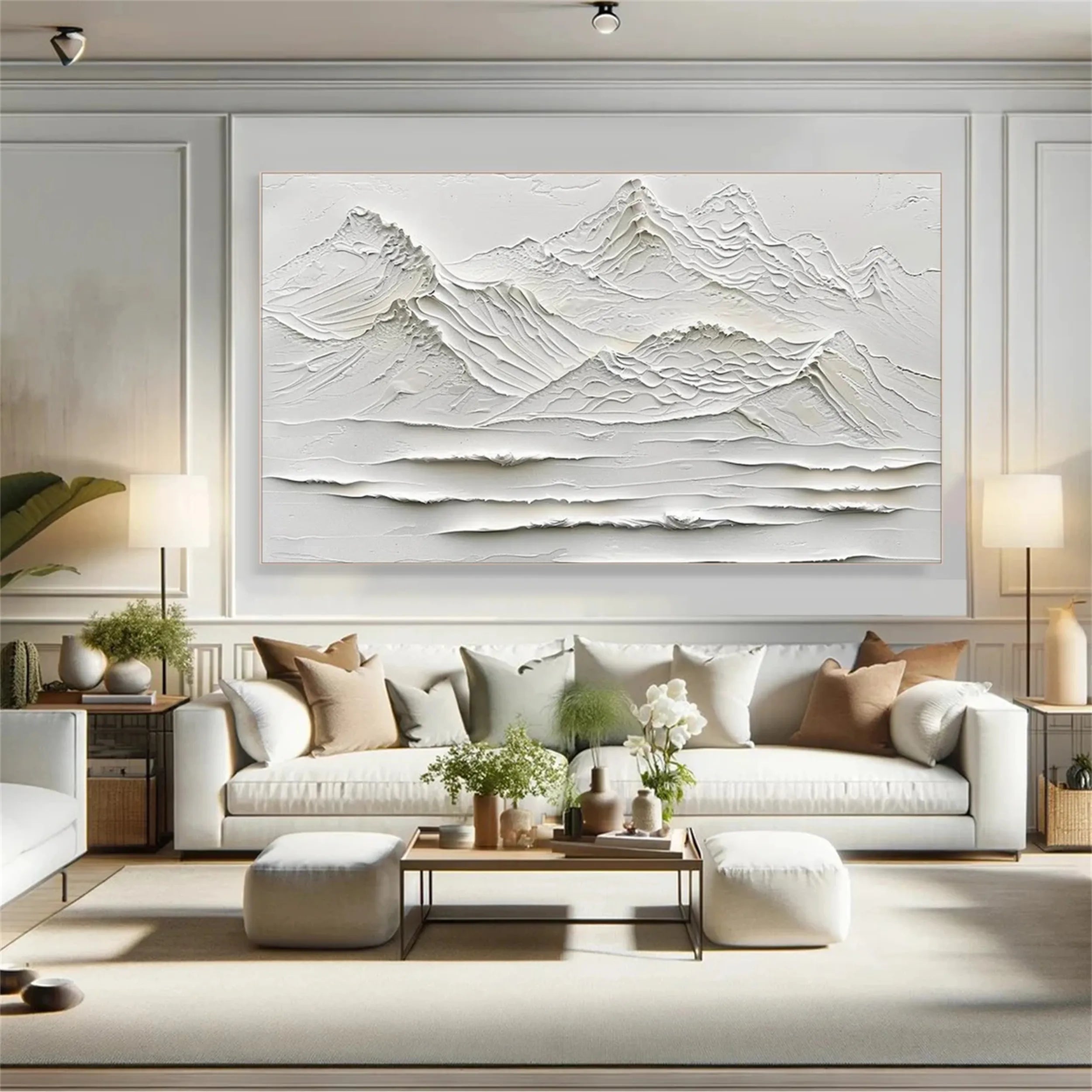 Minimalist White Mountain Hand-Painted Oil Art | Modern Abstract Landscape #JJ 408