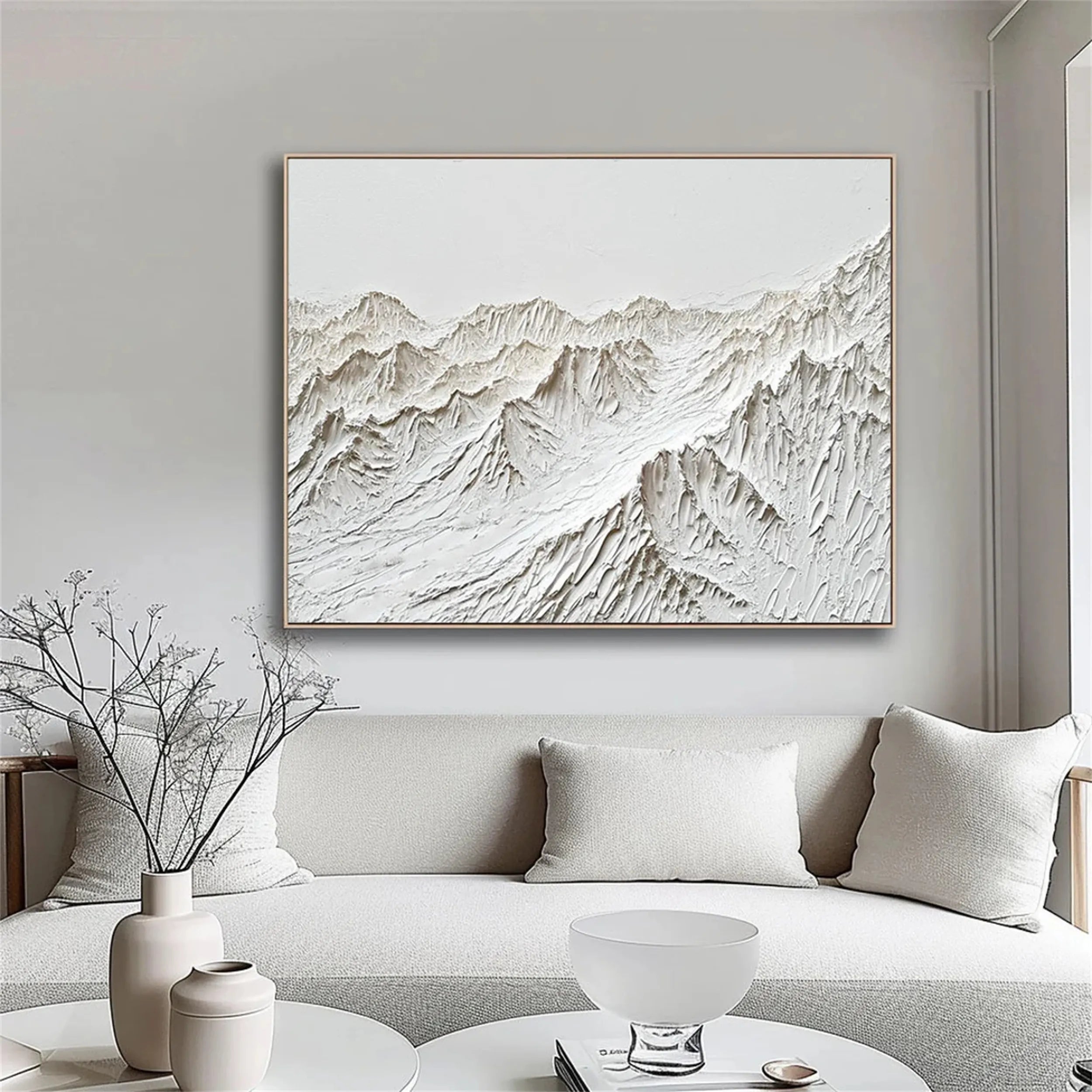 White Minimalist Wall Art – Layered Mountain Textured Canvas #JJ 409