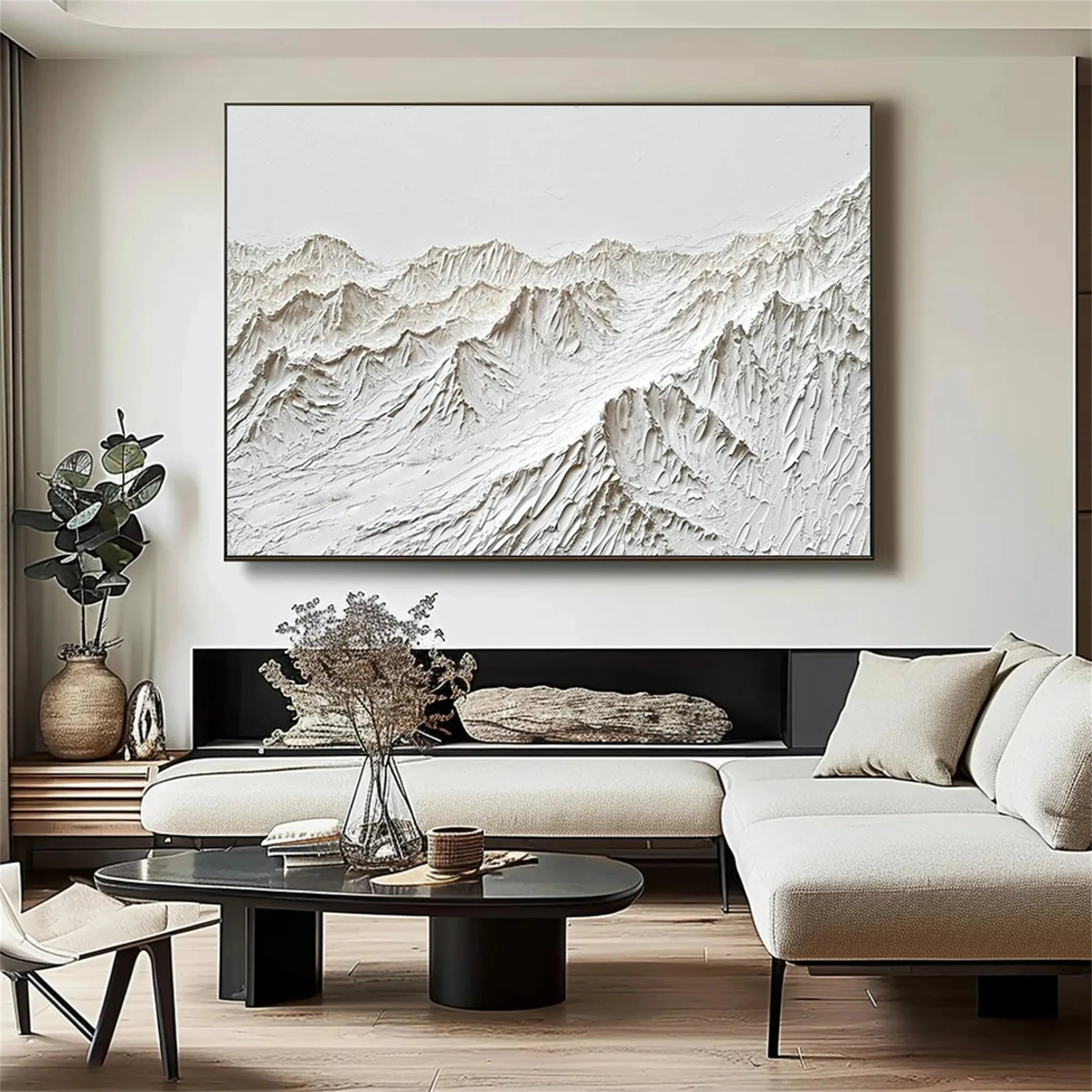 White Minimalist Wall Art – Layered Mountain Textured Canvas #JJ 409