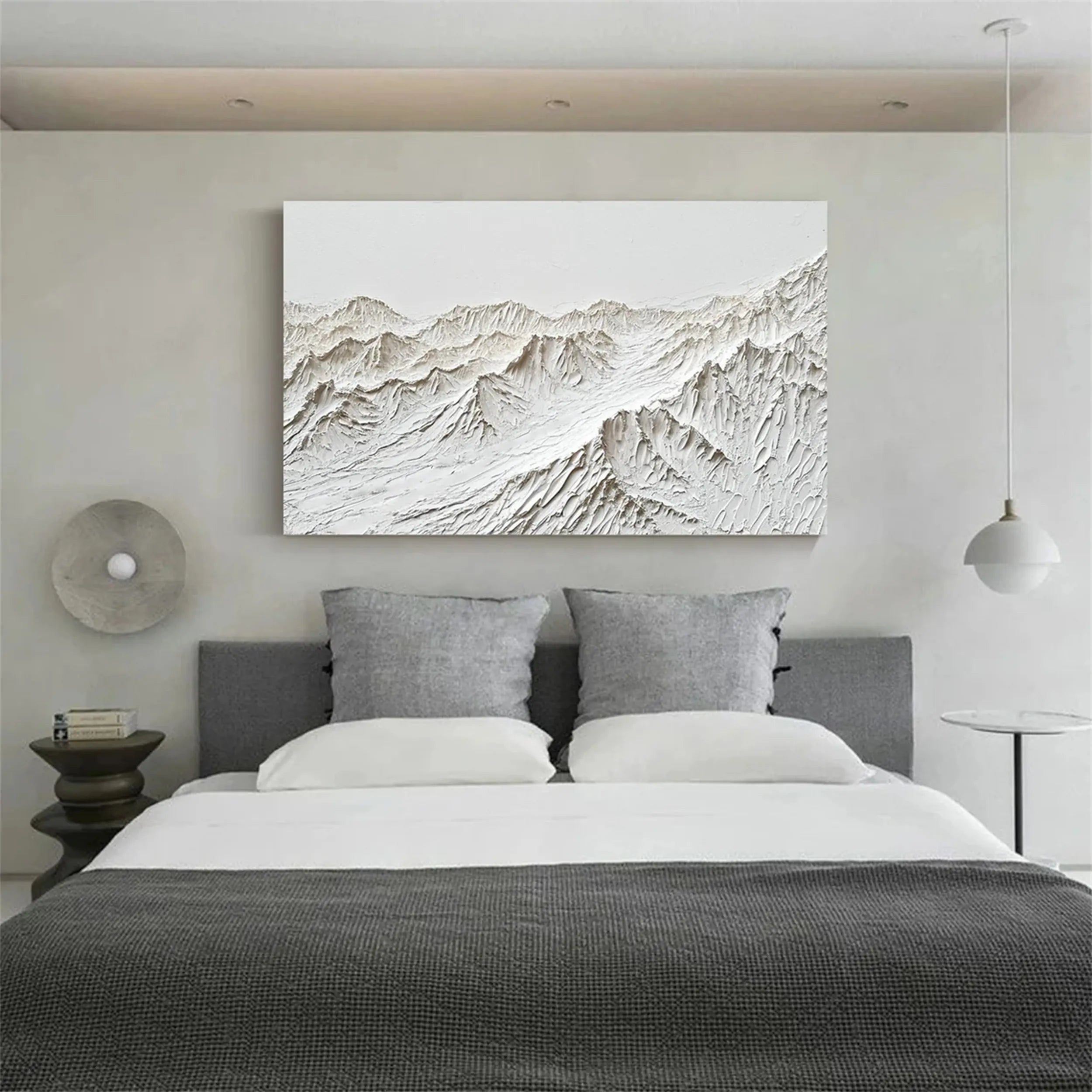 White Minimalist Wall Art – Layered Mountain Textured Canvas #JJ 409