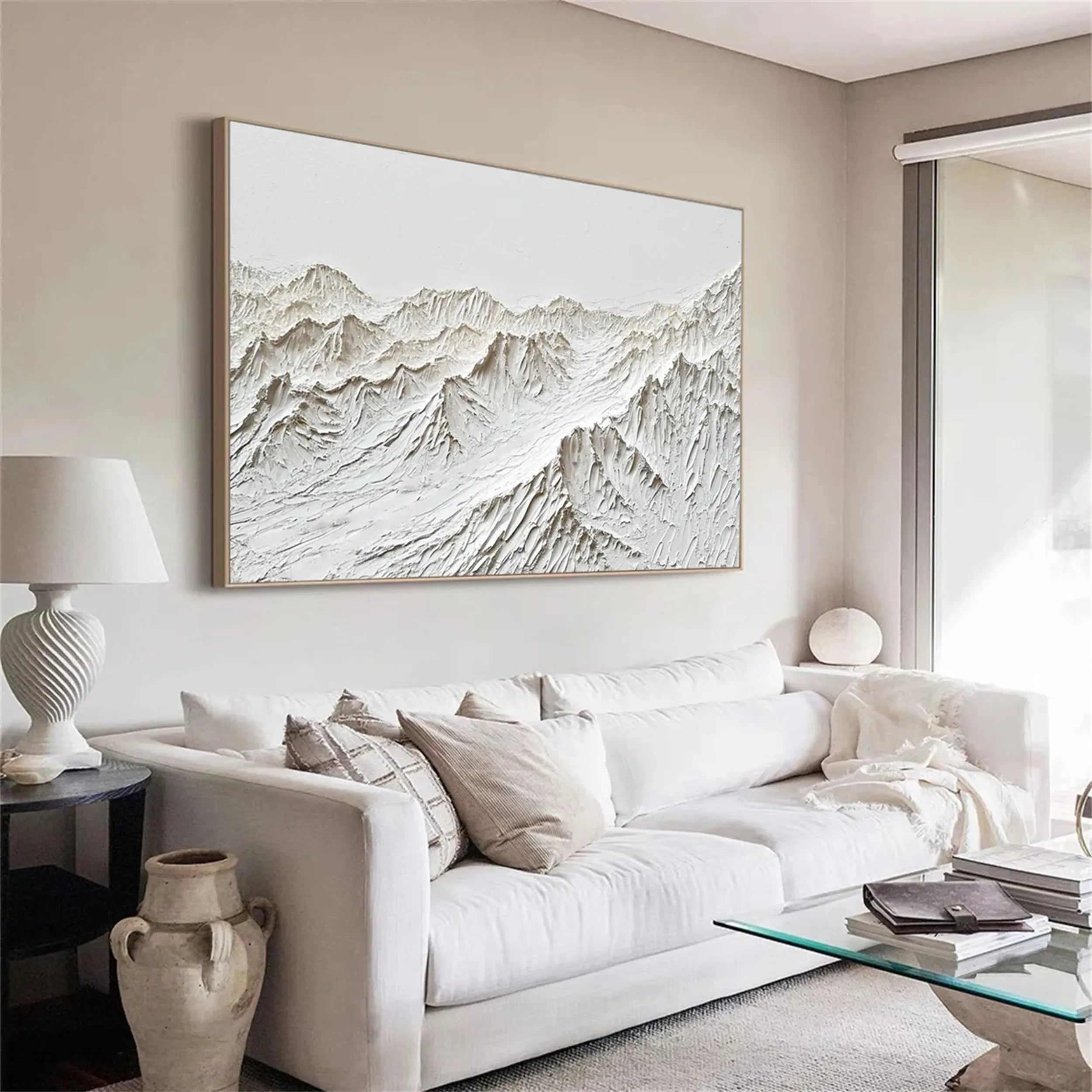 White Minimalist Wall Art – Layered Mountain Textured Canvas #JJ 409