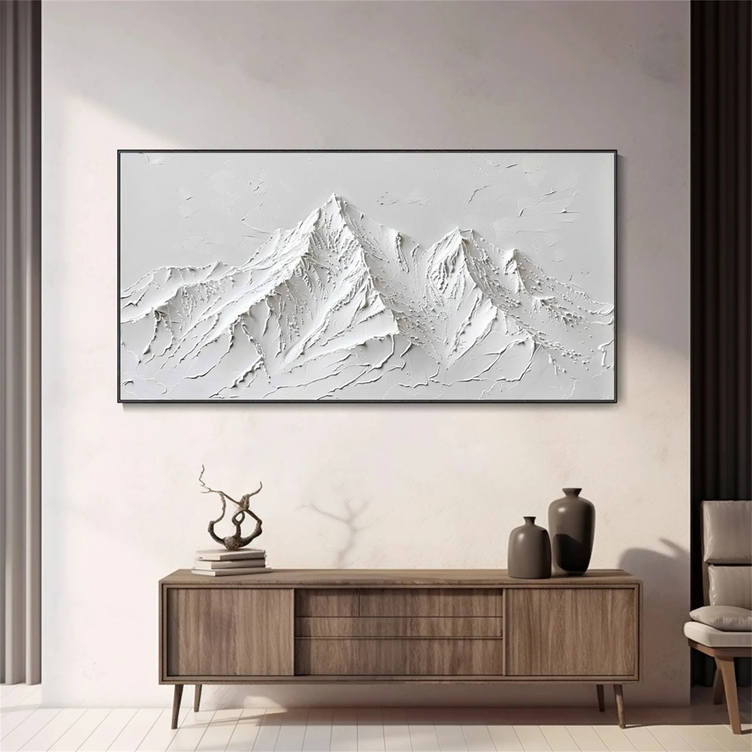 White Minimalist Textured Mountain Wall Art – Handmade Canvas #JJ 412