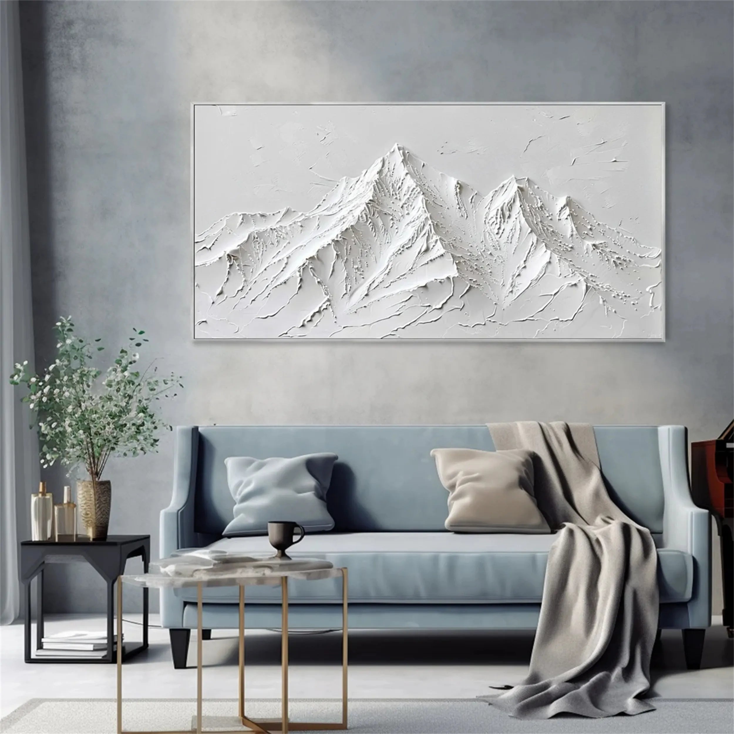 White Minimalist Textured Mountain Wall Art – Handmade Canvas #JJ 412