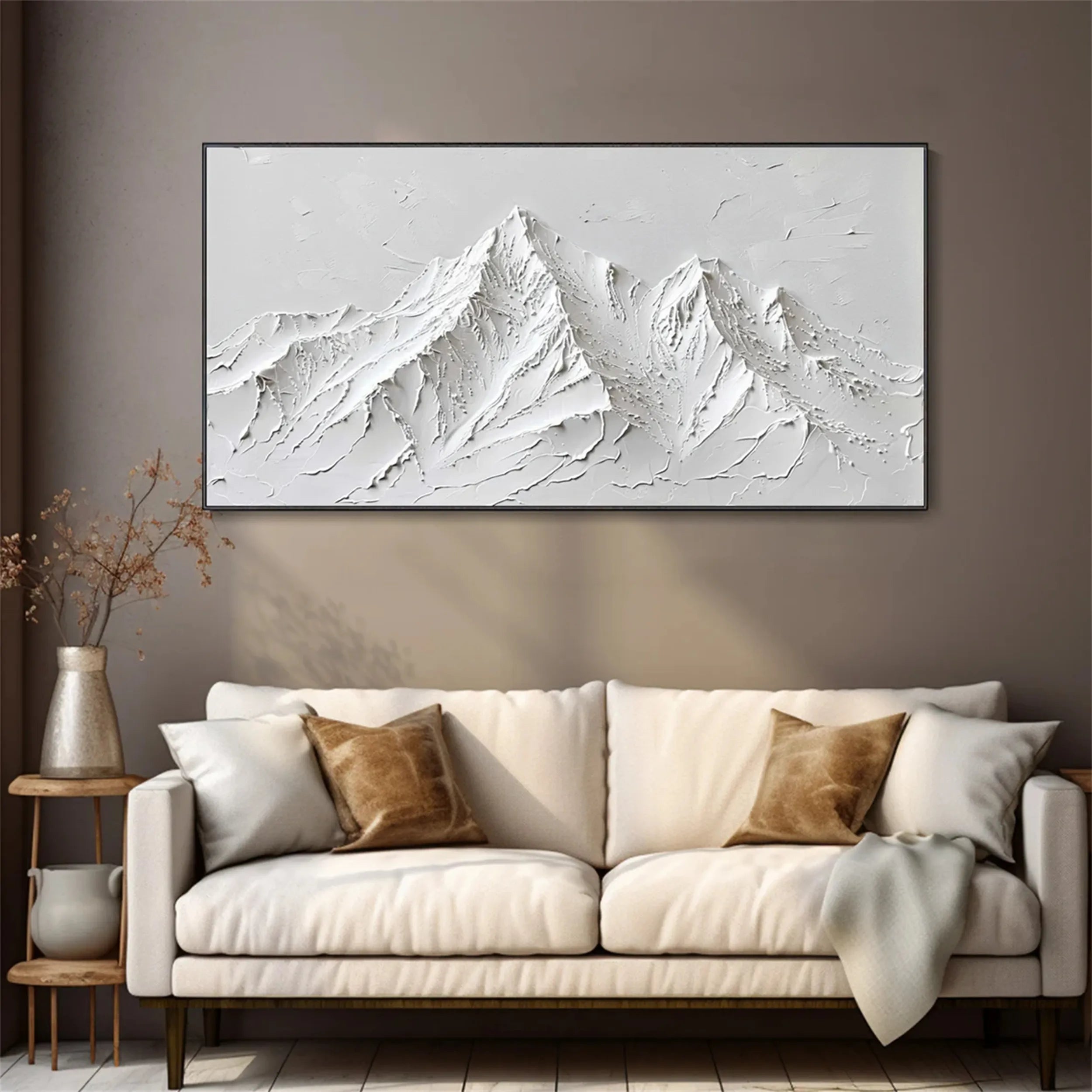 White Minimalist Textured Mountain Wall Art – Handmade Canvas #JJ 412
