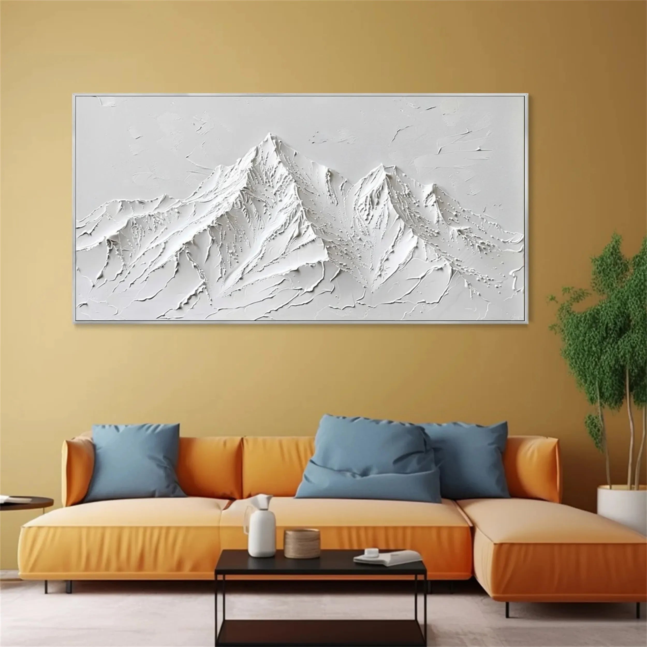 White Minimalist Textured Mountain Wall Art – Handmade Canvas #JJ 412