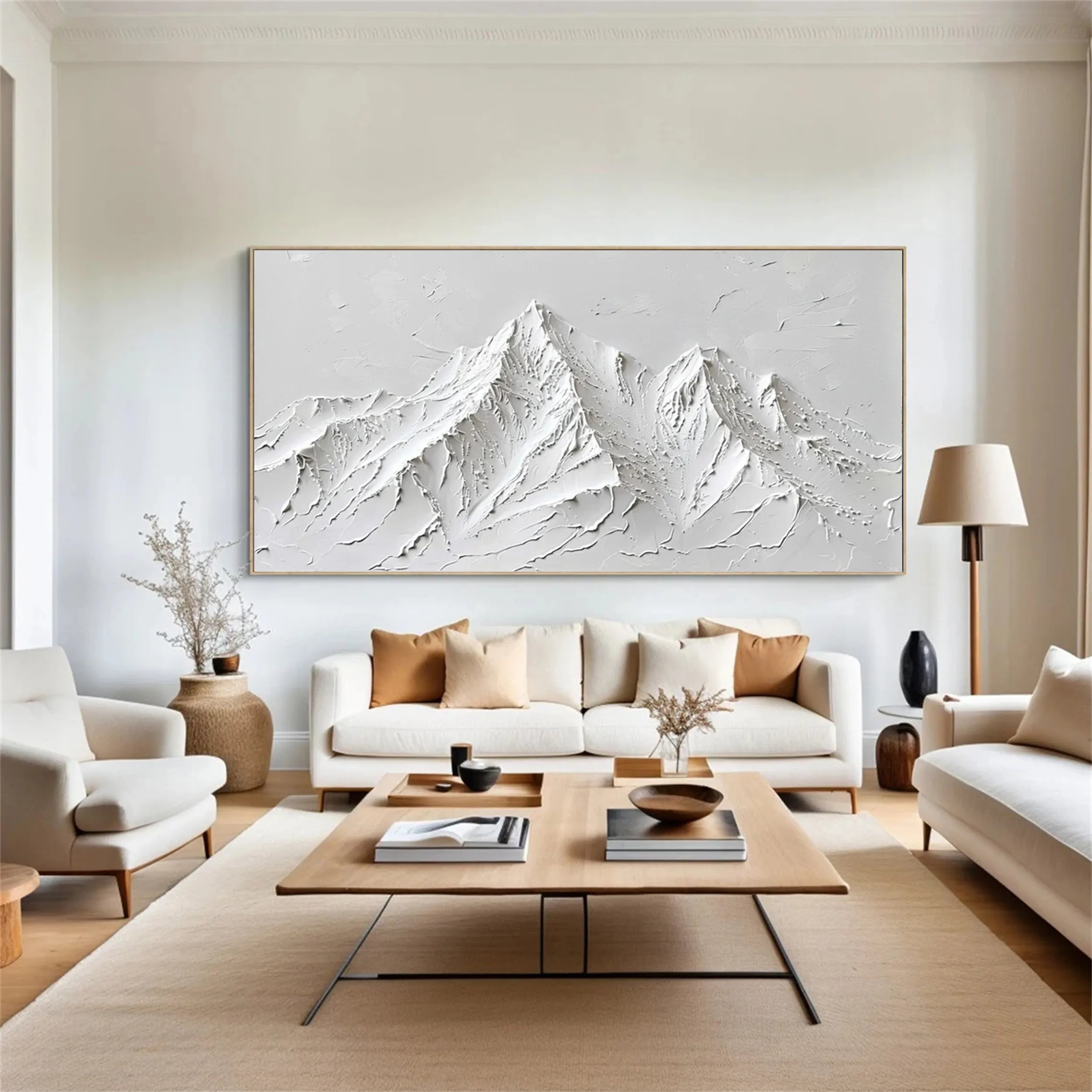 White Minimalist Textured Mountain Wall Art – Handmade Canvas #JJ 412
