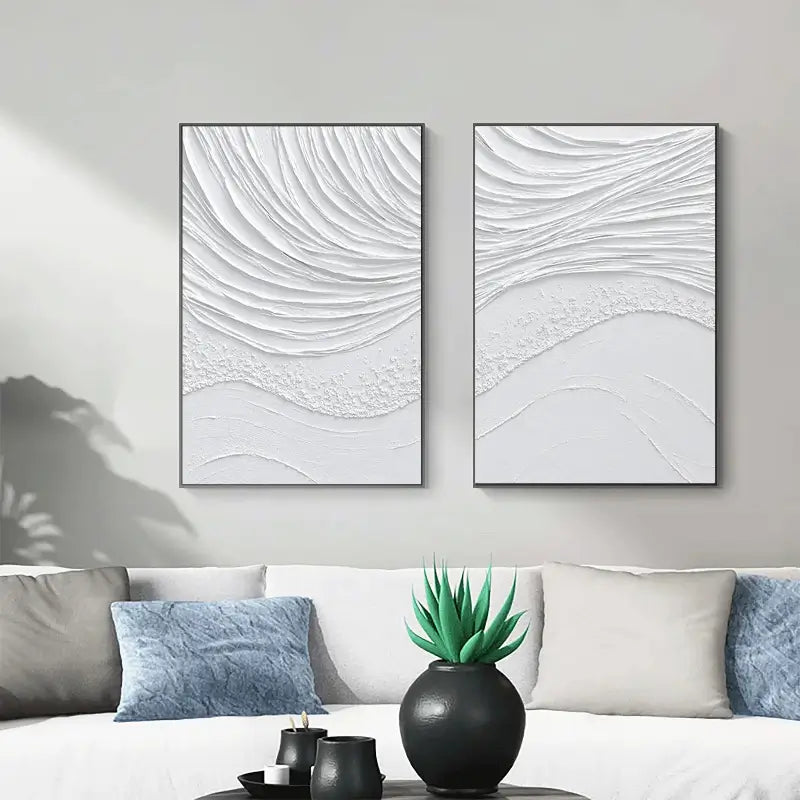 White Textured Wave Art Set | Coastal Abstract Canvas Diptych #JJ 088