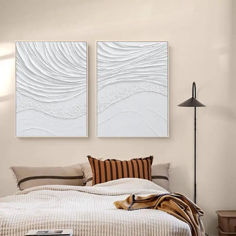 White Textured Wave Art Set | Coastal Abstract Canvas Diptych #JJ 088