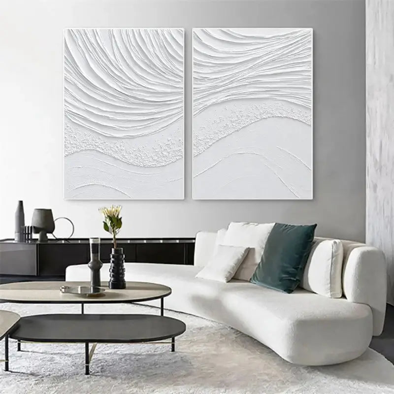 White Textured Wave Art Set | Coastal Abstract Canvas Diptych #JJ 088