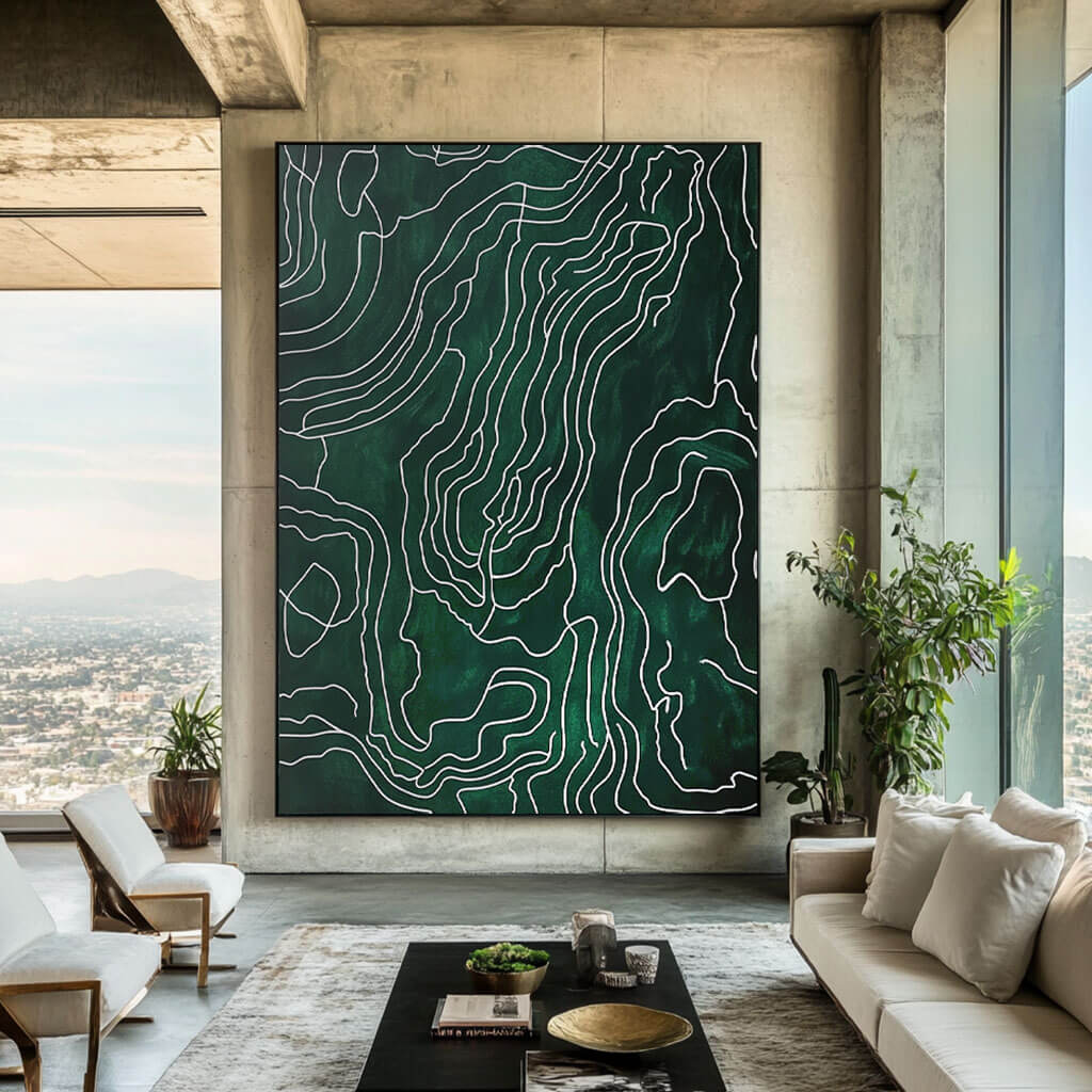 Emerald Green & White Line Art | High Contrast Abstract Painting #AA 243