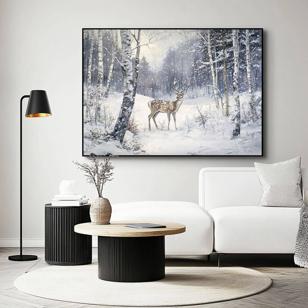 Deer in Snow Painting | Winter Forest Landscape Wall Art #AA 244