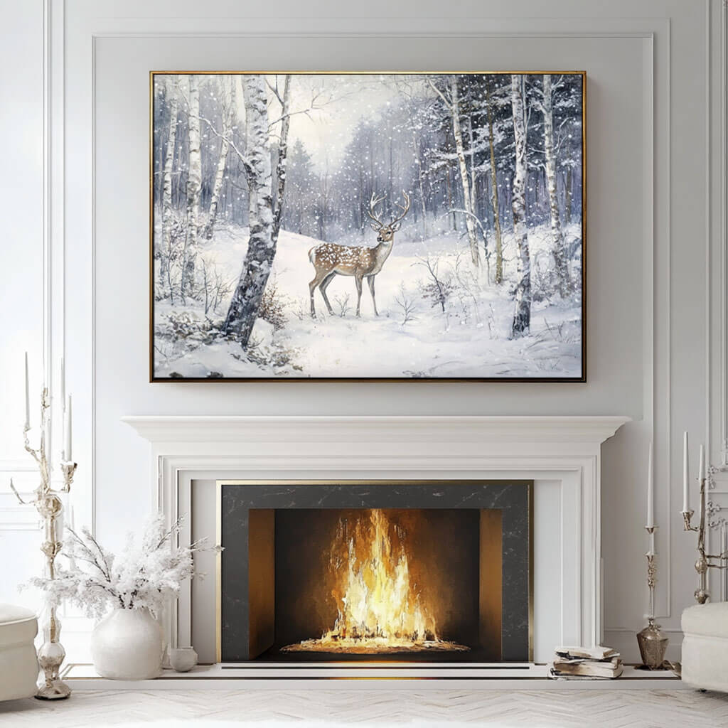 Deer in Snow Painting | Winter Forest Landscape Wall Art #AA 244