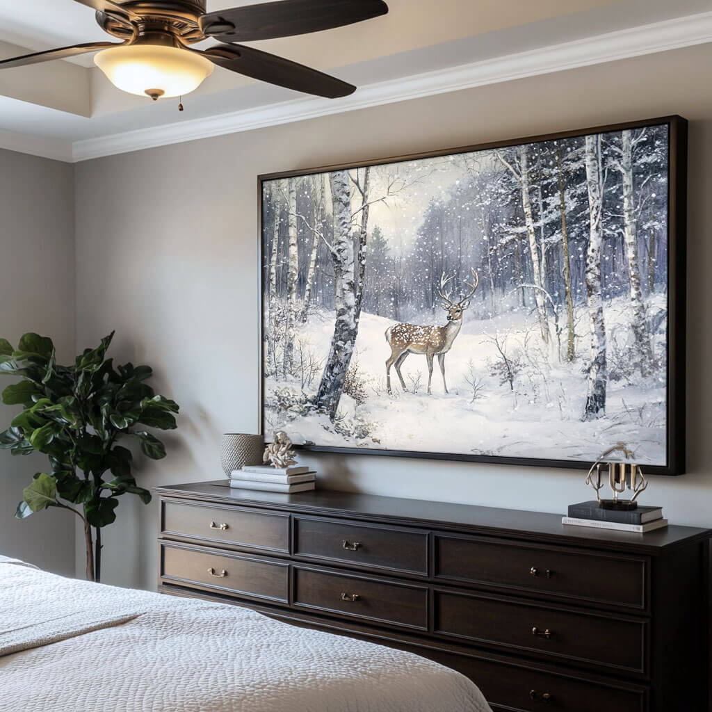 Deer in Snow Painting | Winter Forest Landscape Wall Art #AA 244