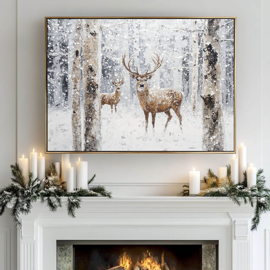 Deer in Snow Painting | Winter Forest Landscape Wall Art #AA 164