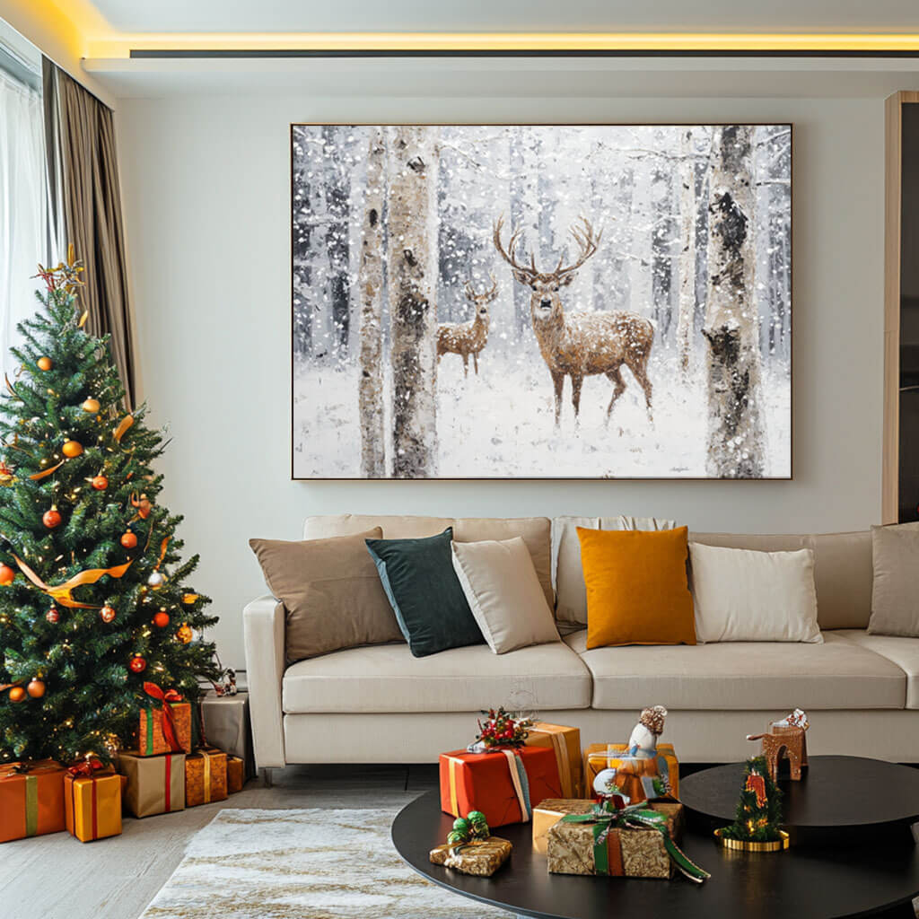 Deer in Snow Painting | Winter Forest Landscape Wall Art #AA 164