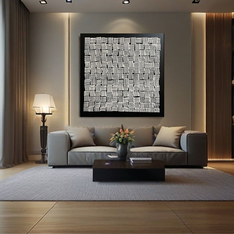 Black and White Geometric Wall Art | Large Abstract Woven Pattern Canvas #ZZ 218