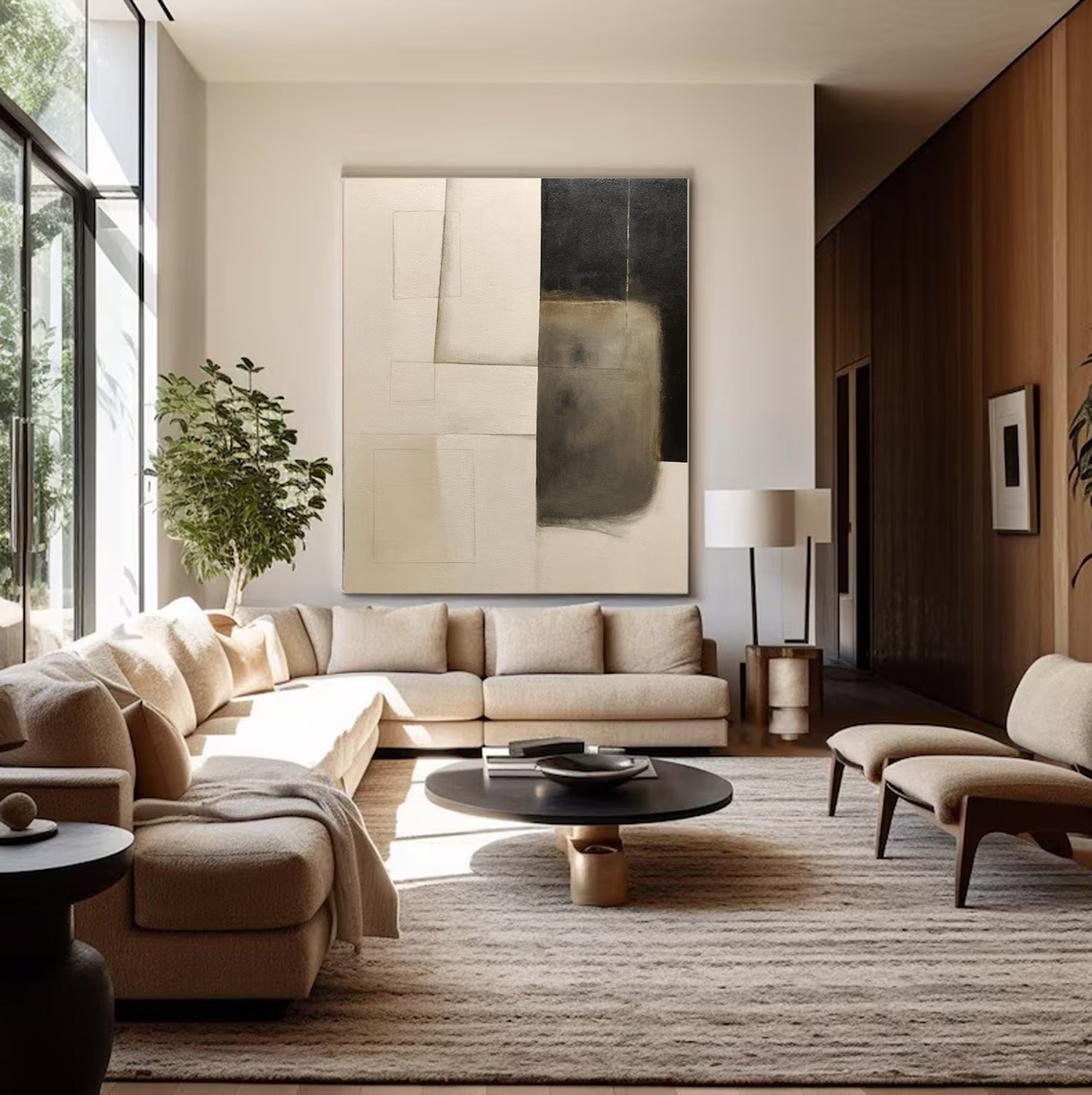 Minimalist Abstract Oil Painting - Beige Black Geometric Canvas Art #JJ 001