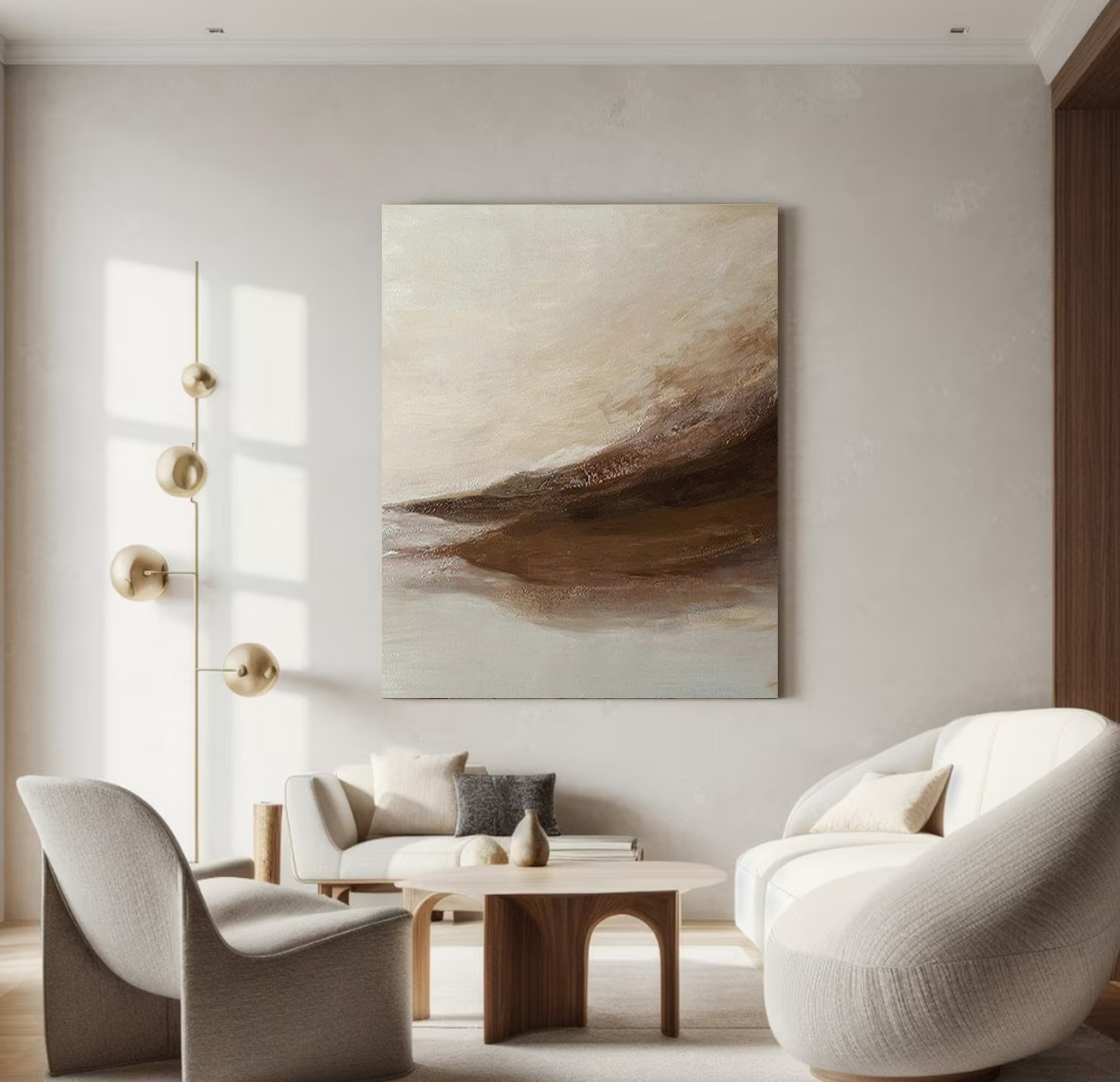 Abstract Landscape Painting | Neutral Beige & Brown Canvas Art #JJ 067