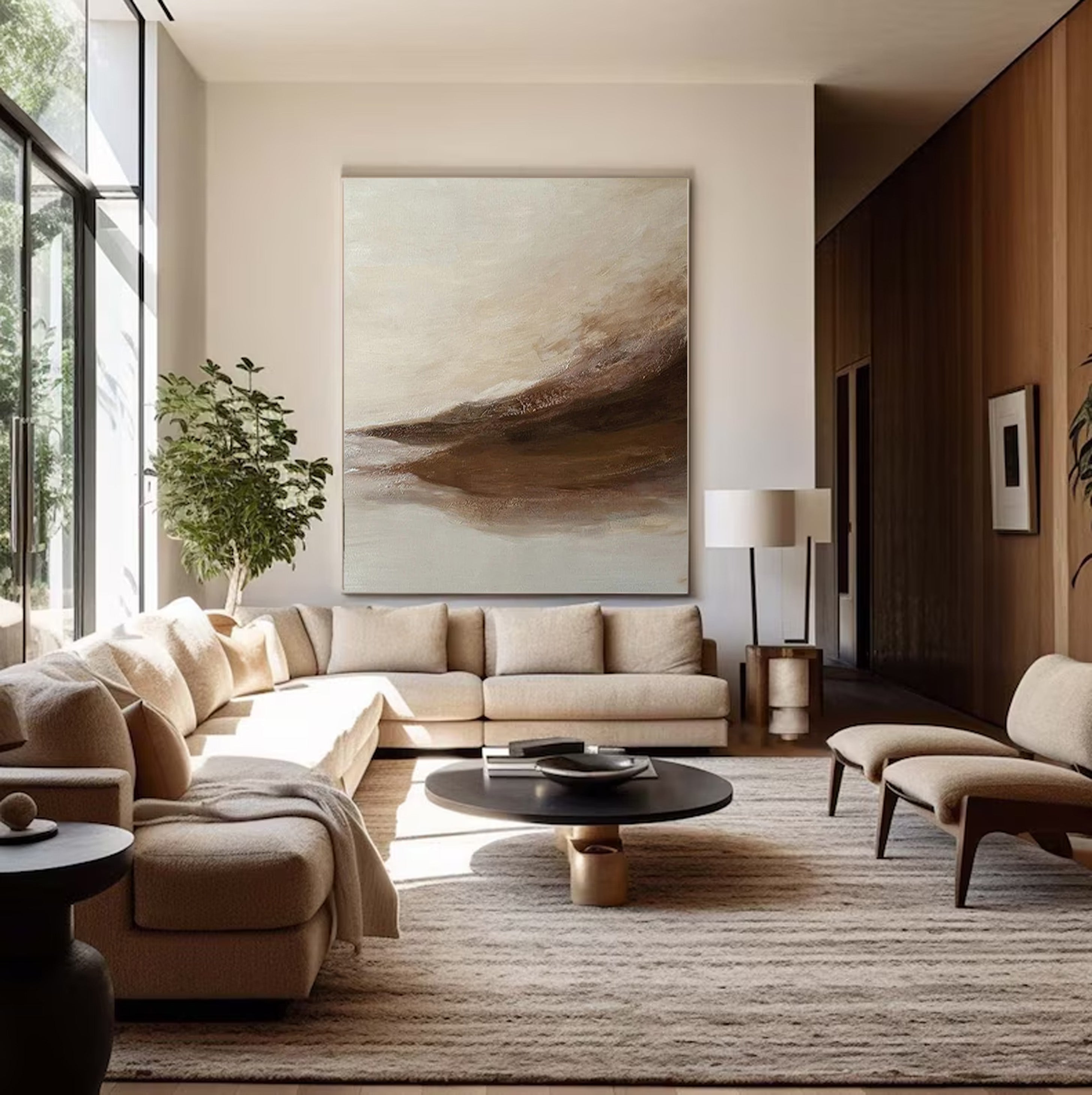 Abstract Landscape Painting | Neutral Beige & Brown Canvas Art #JJ 067