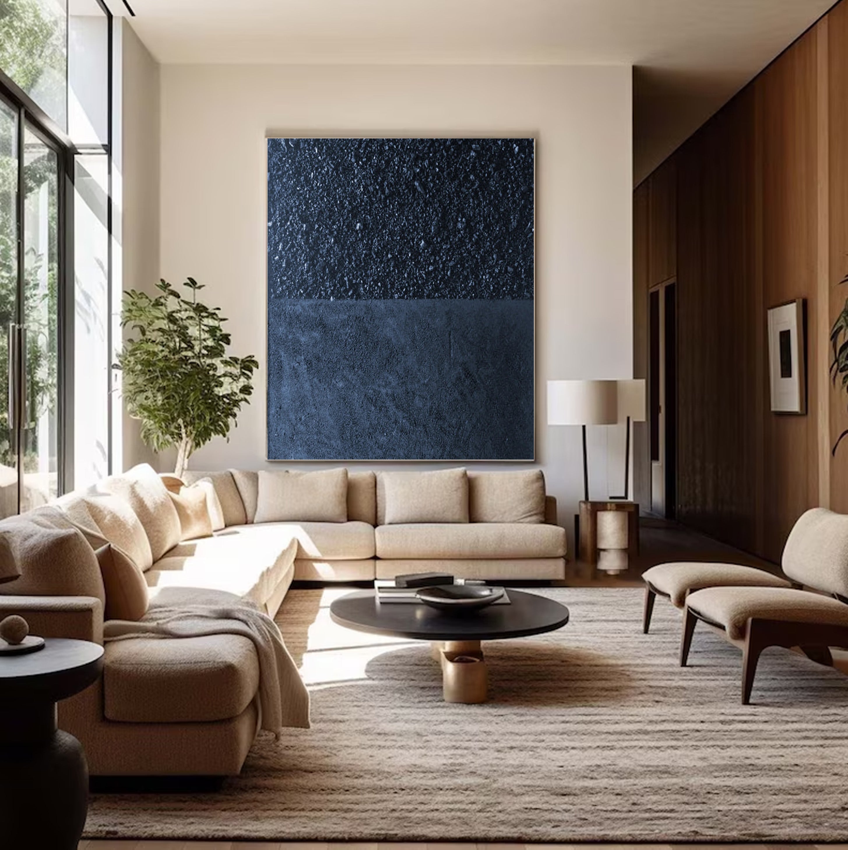 Deep Blue Textured Abstract Oil Painting - Modern Minimalist Art #JJ 062